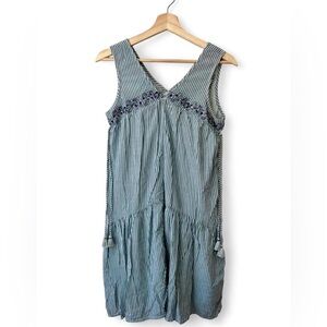 Anthropologie Embroidered Aida Tassel Dress blue white stripe size s excellent